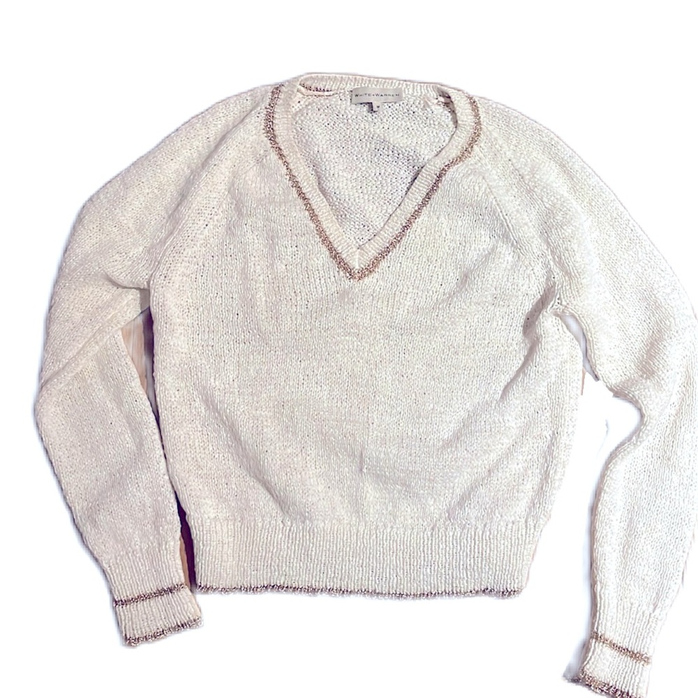 White + warren v neck white sweater with gold edge